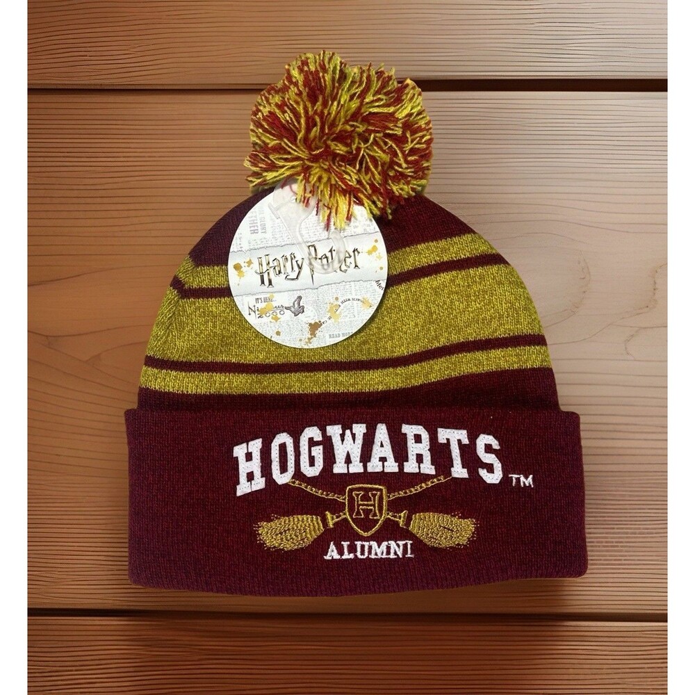 Harry Potter Beanie Hogwarts Alumni Striped‎ Pom Pom Hat Burgundy One Size NWT